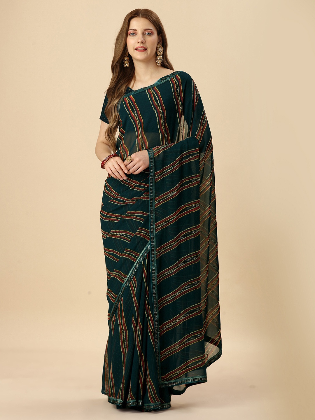 

Mitera Teal & Maroon Striped Bead Work Pure Georgette Saree