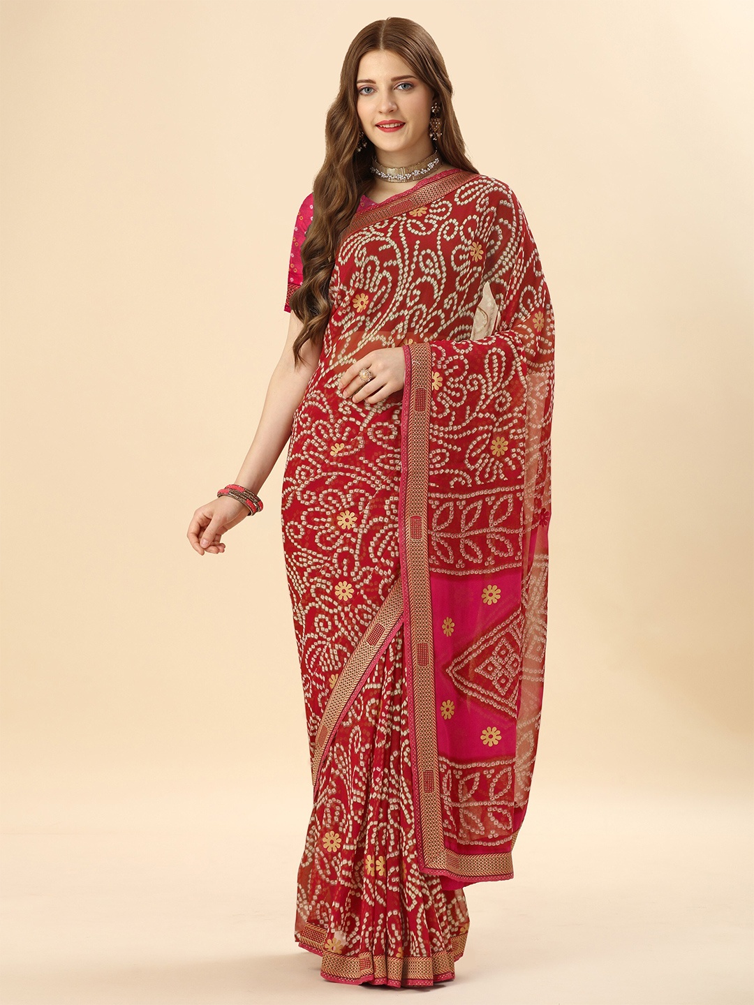 

Mitera Red & Gold-Toned Bandhani Beads and Stones Pure Georgette Saree