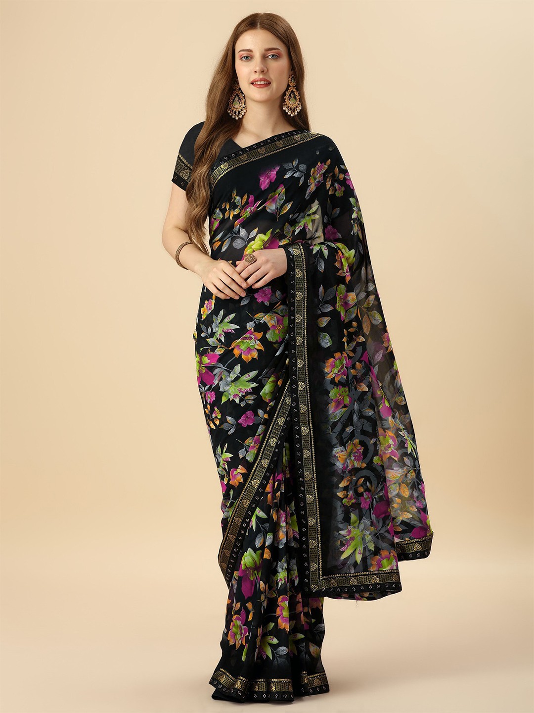 

Mitera Black & Green Floral Printed Beads & Stone Work Pure Georgette Saree