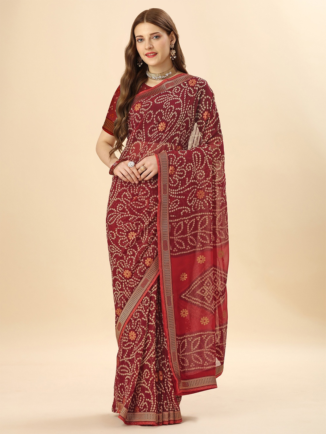 

Mitera Maroon & Red Bandhani Printed Pure Georgette Saree