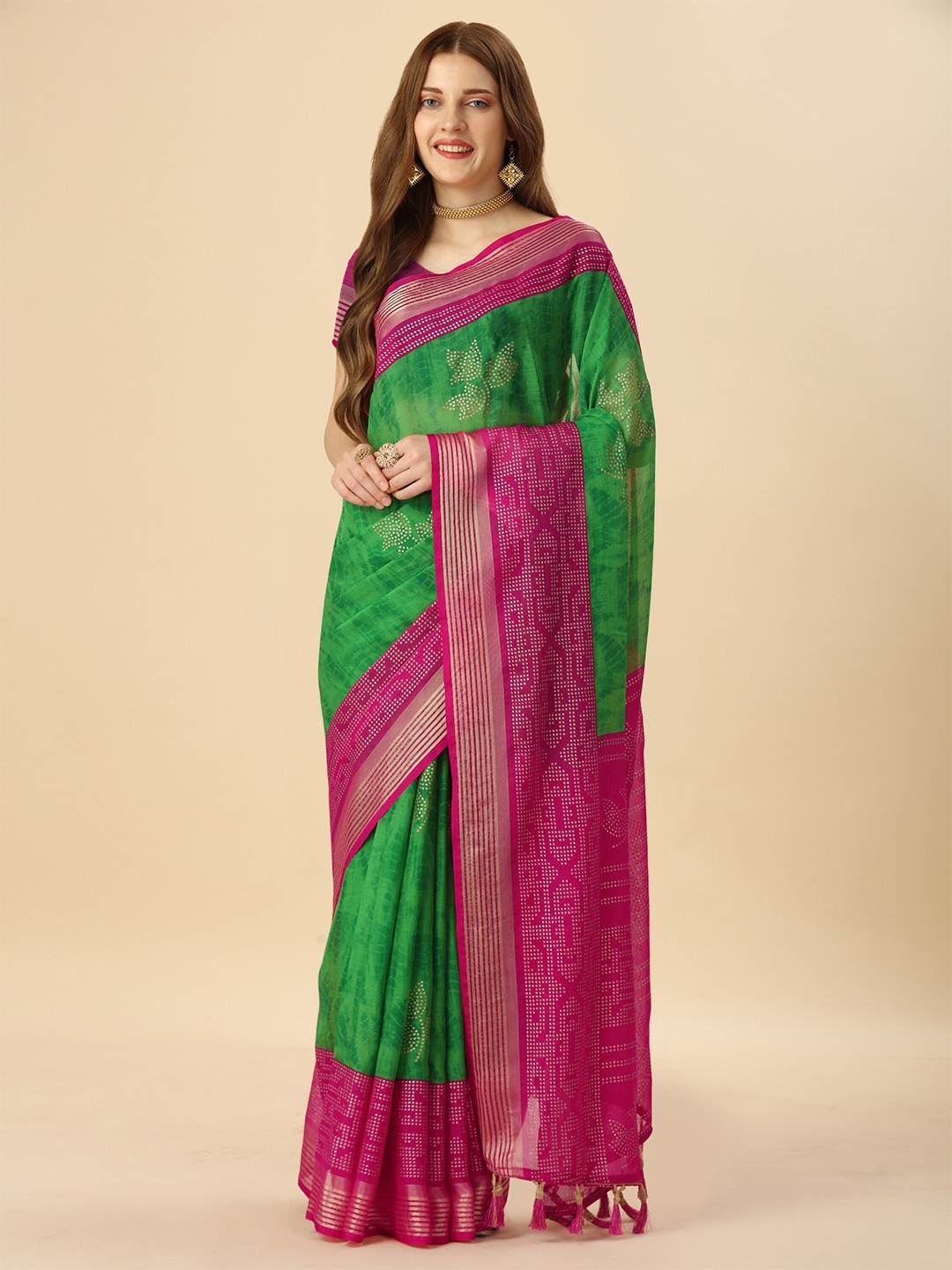 

Mitera Green & Pink Floral Printed Zari Pure Chiffon Saree