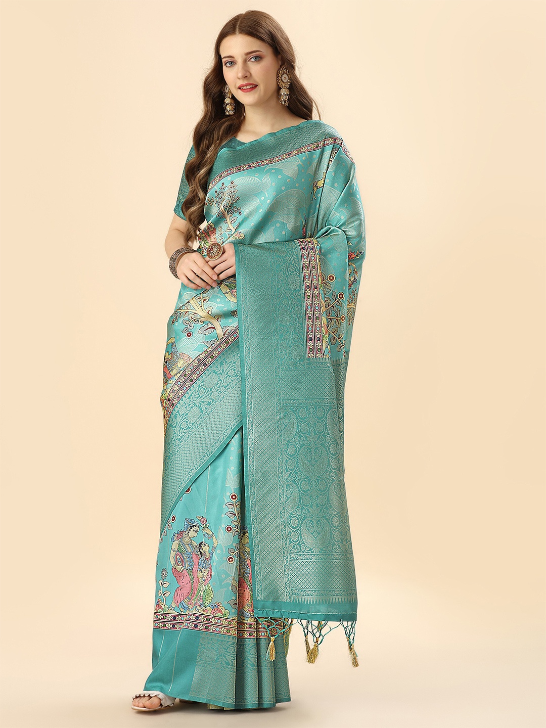 

Mitera Teal & Pink Ethnic Motifs Printed Zari Banarasi Saree