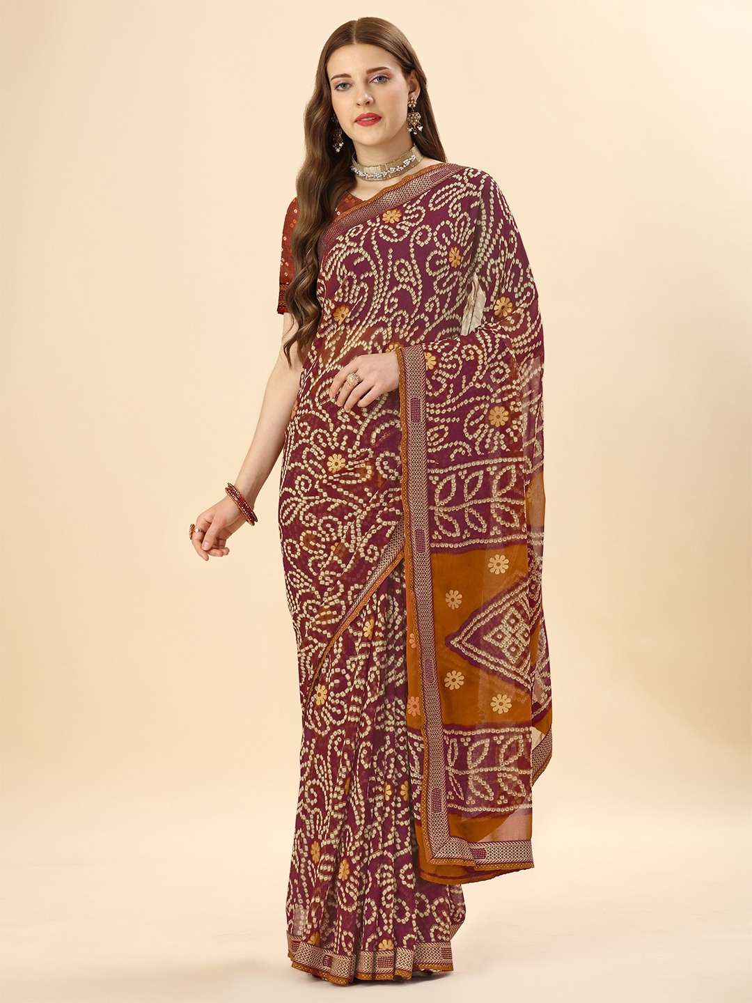 

Mitera Purple & Cream-Coloured Bandhani Printed Embellished Saree