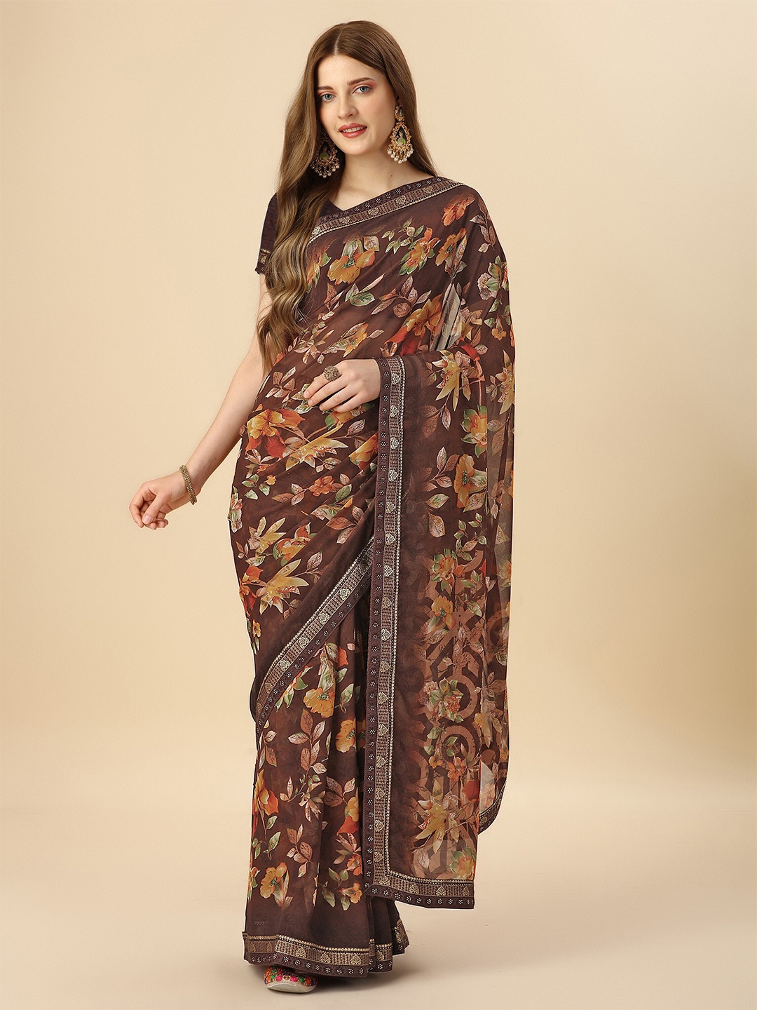 

Mitera Brown & Orange Floral Printed Beads and Stones Pure Georgette Saree
