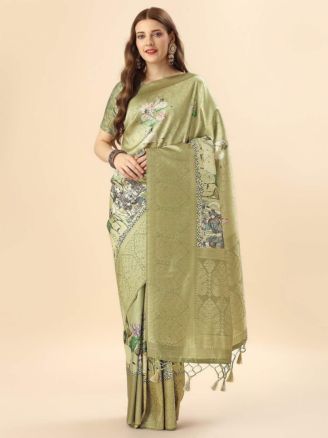 

Mitera Green & Blue Floral Woven Design Zari Banarasi Saree