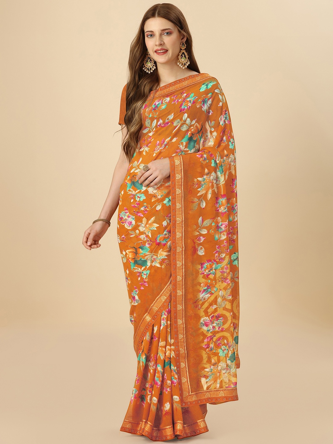 

Mitera Mustard & Green Floral Printed Beads & Stone Pure Georgette Saree