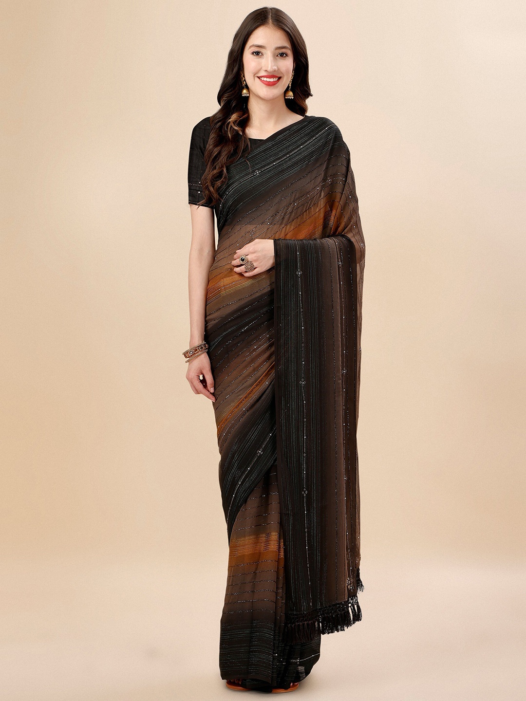 Mitera Brown & Black Striped Beads & Stone Work Pure Chiffon Saree