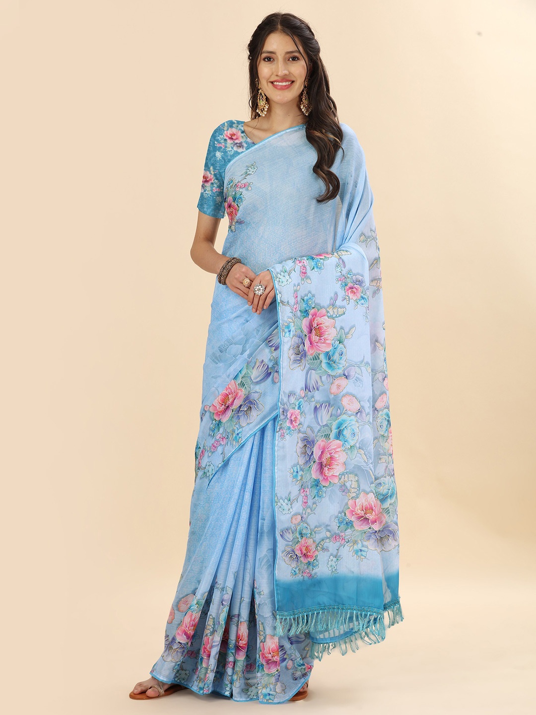 Mitera Blue & Pink Floral Printed Satin Saree