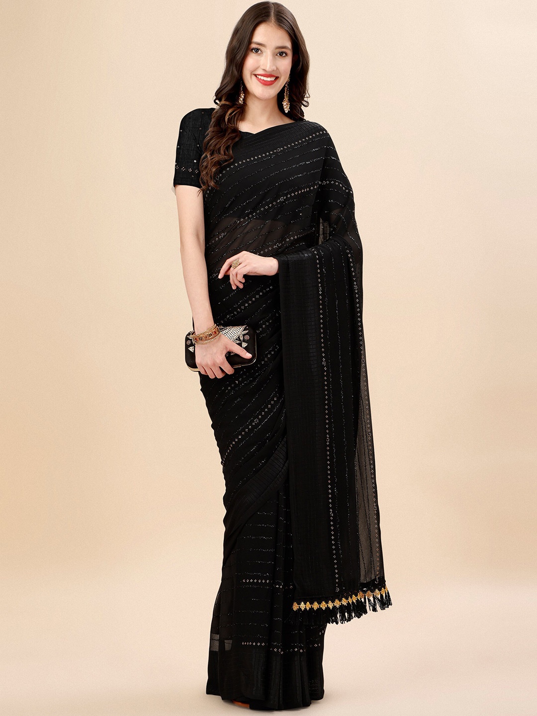 

Mitera Black Striped Beads and Stones Pure Chiffon Saree