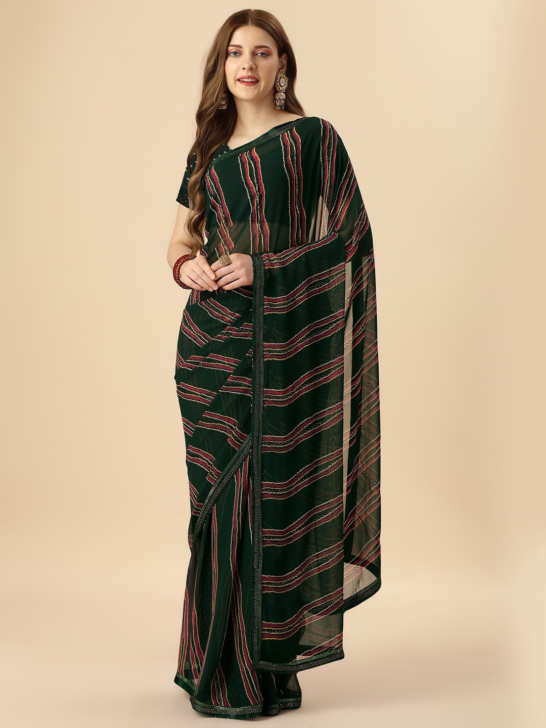 

Mitera Green & Gold-Toned Striped Beads & Stone Work Pure Georgette Saree