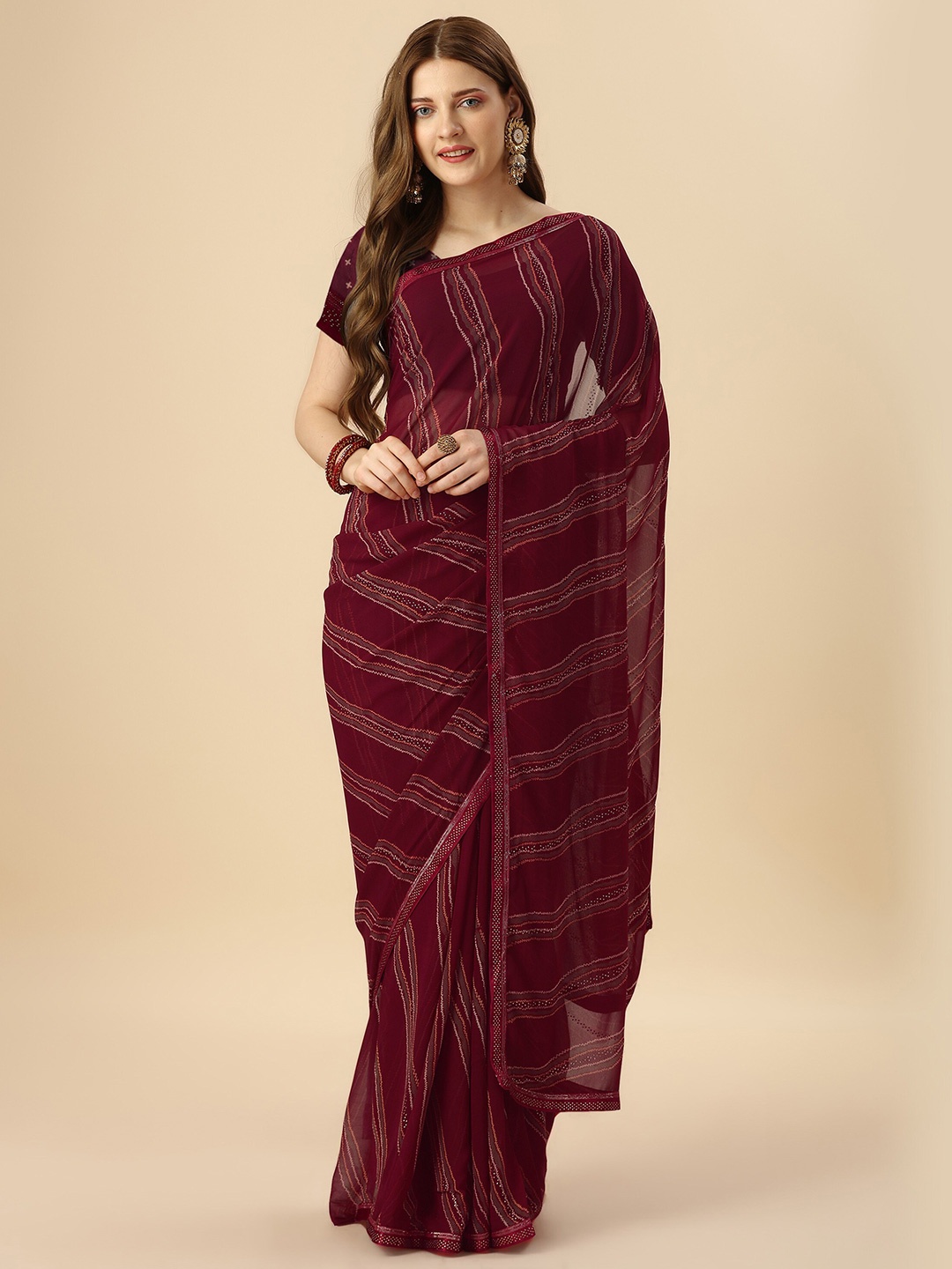 

Mitera Maroon & Orange Striped Beads & Stone Work Pure Georgette Saree