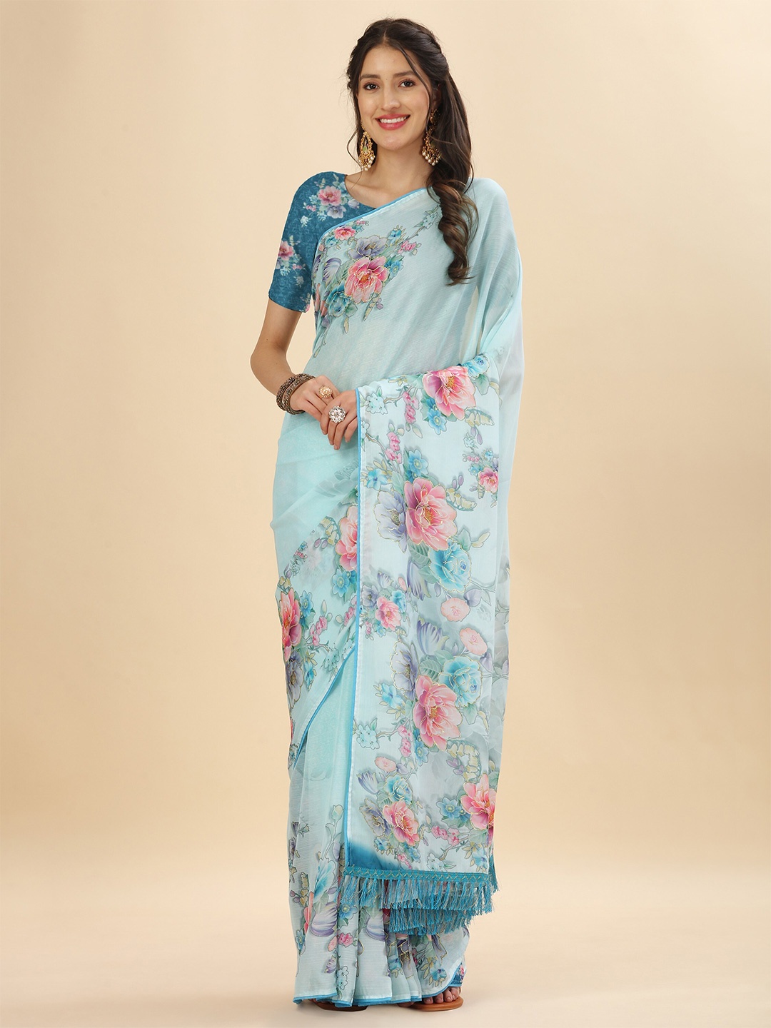 

Mitera Teal & Pink Floral Printed Satin Saree