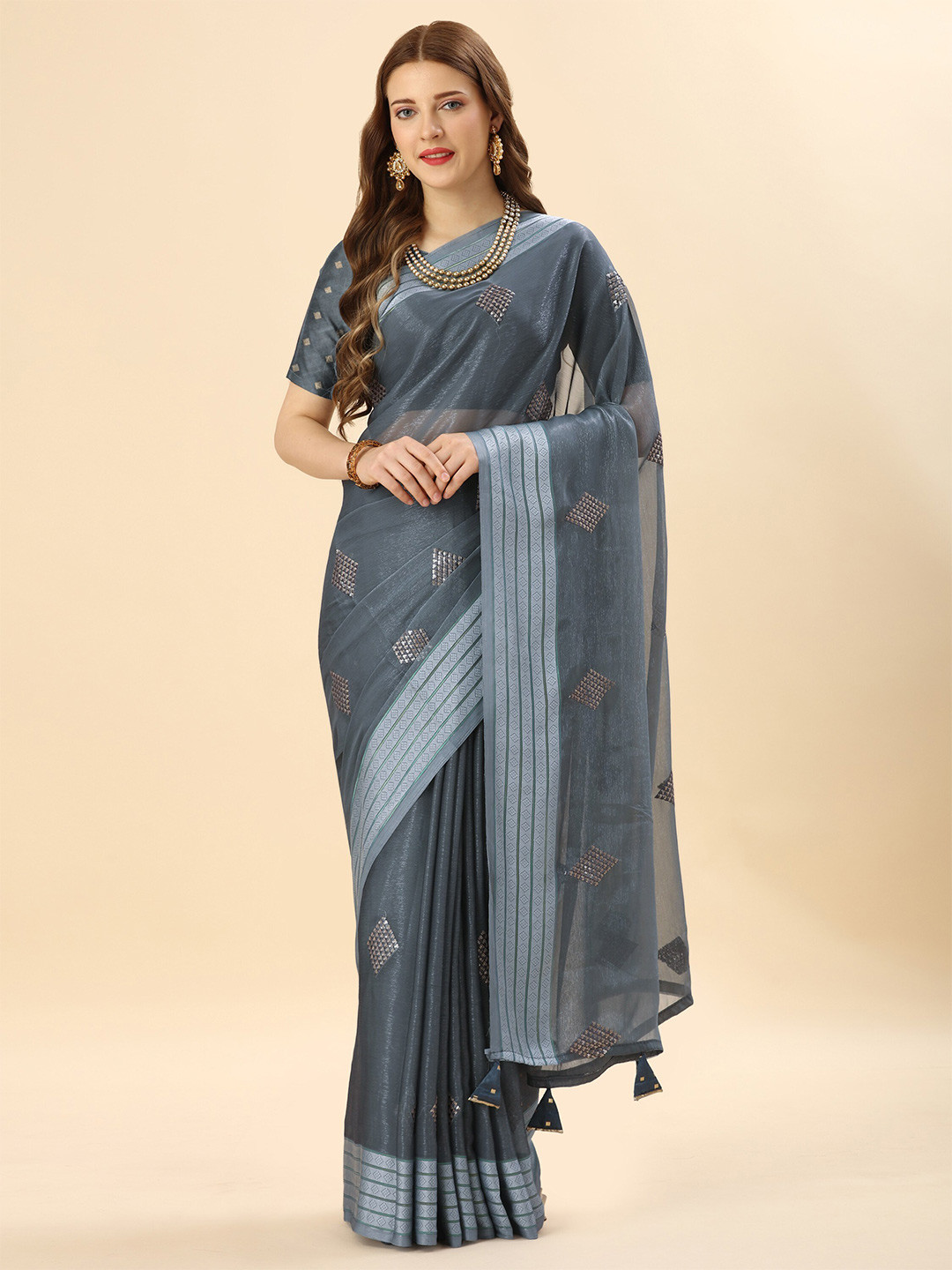 

Mitera Grey & Silver-Toned Sequin Embellished Pure Chiffon Saree