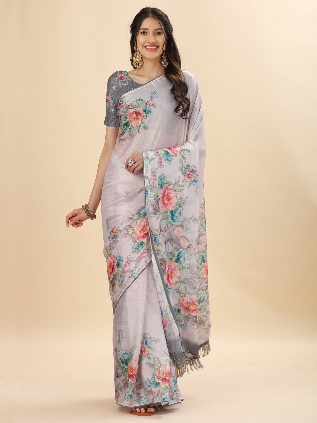 

Mitera Purple & Blue Floral Printed Satin Saree