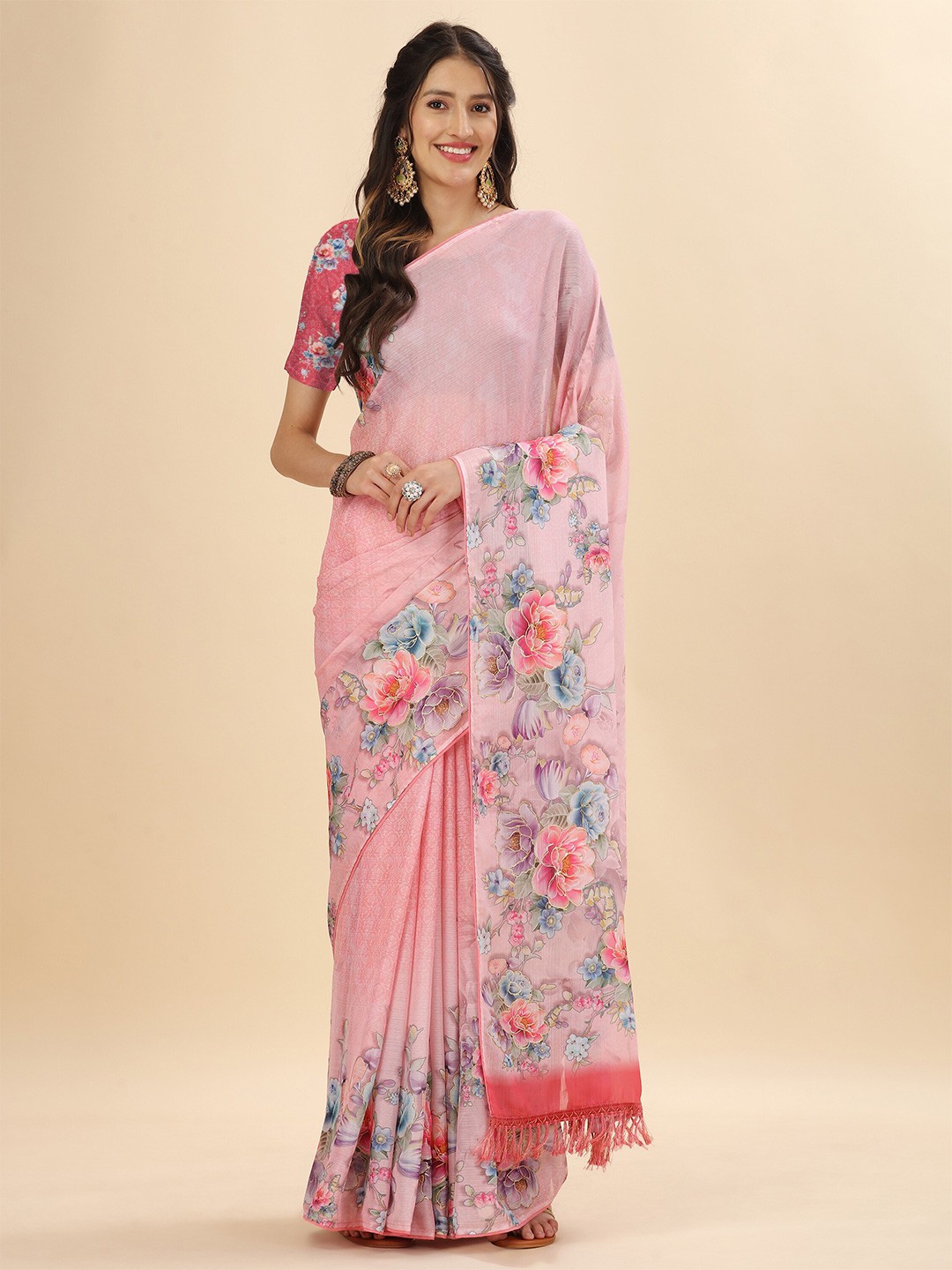 

Mitera Pink & Blue Floral Printed Satin Saree