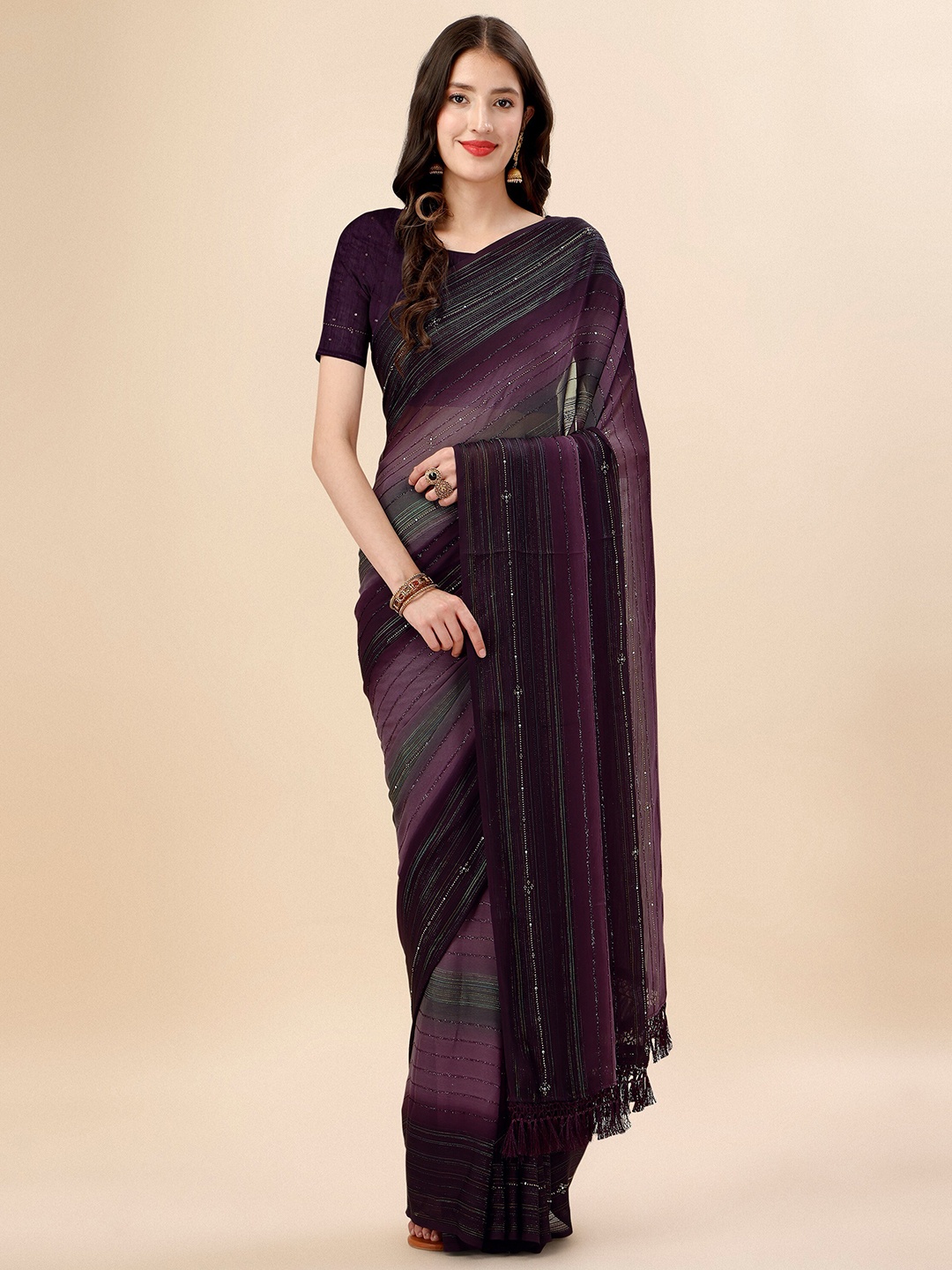

Mitera Magenta & Black Striped Beads & Stone Work Pure Georgette Saree