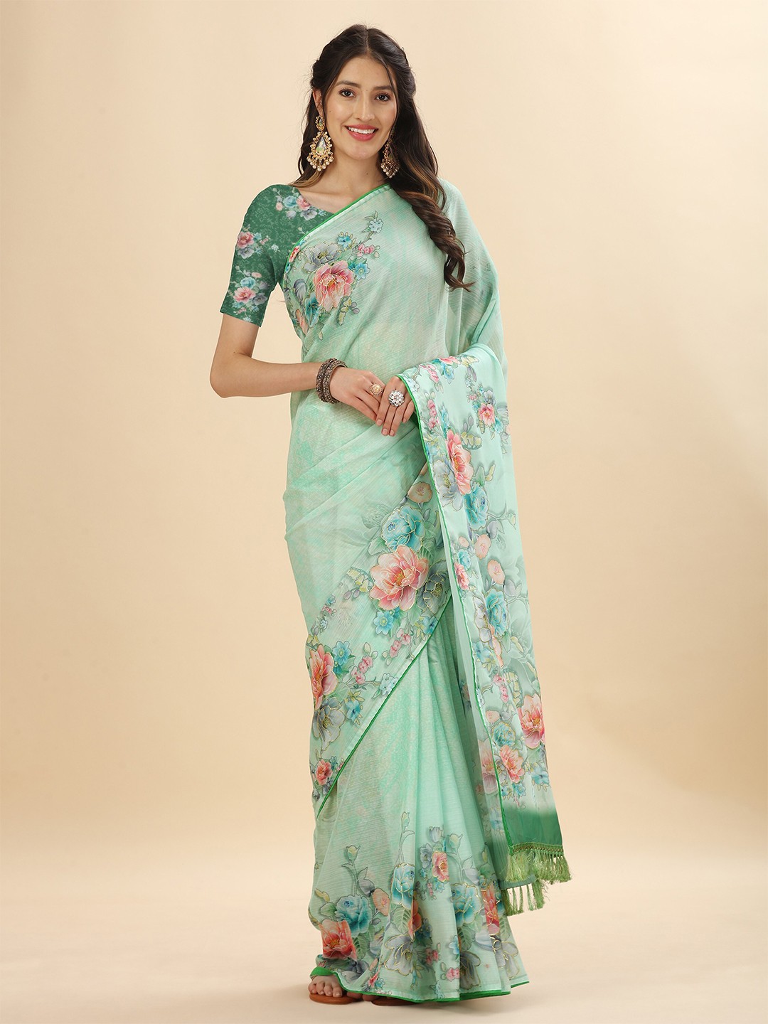 

Mitera Green & Pink Floral Printed Satin Saree