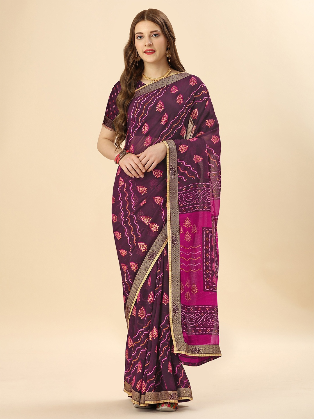 

Mitera Magenta & Blue Ethnic Motifs Printed Beads and Stones Pure Georgette Saree