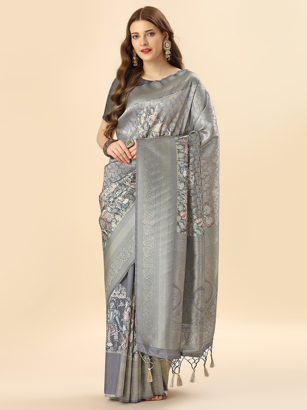 

Mitera Grey & Blue Floral Woven Design Zari Banarasi Saree