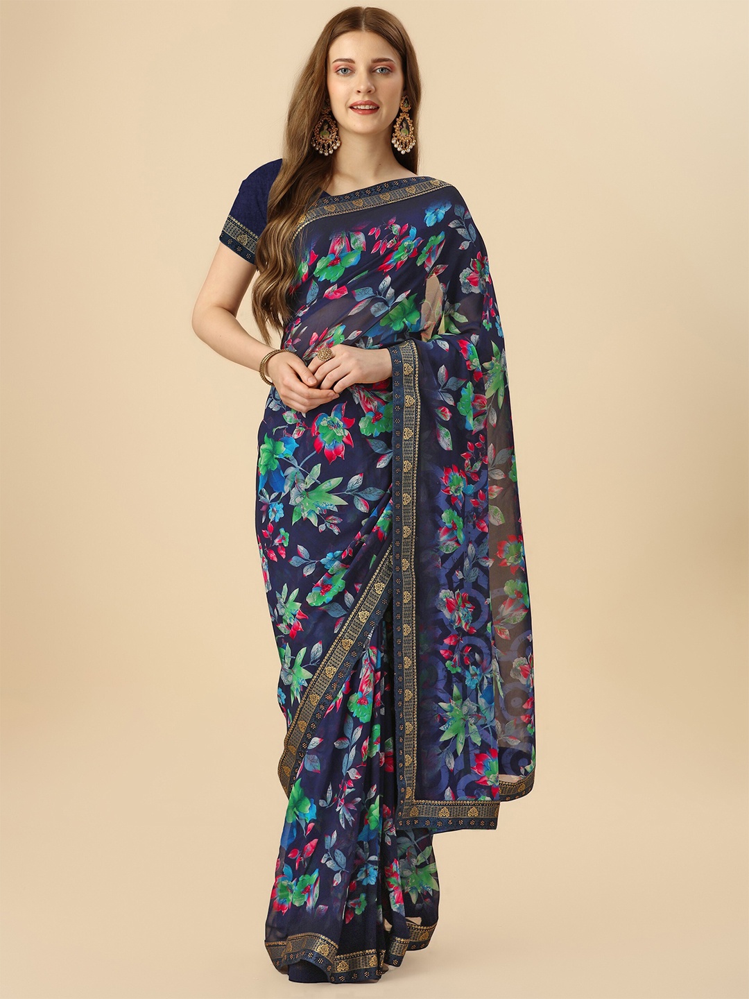 Mitera Navy Blue & Green Floral Printed Zari Pure Georgette Saree