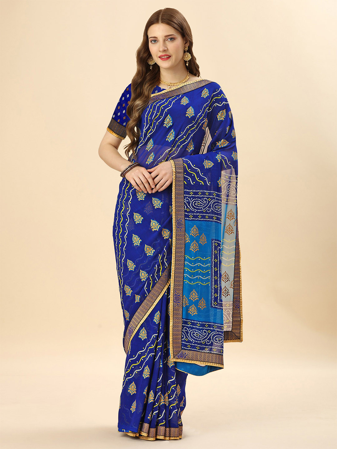 

Mitera Blue & Gold-Toned Ethnic Motifs Printed Saree