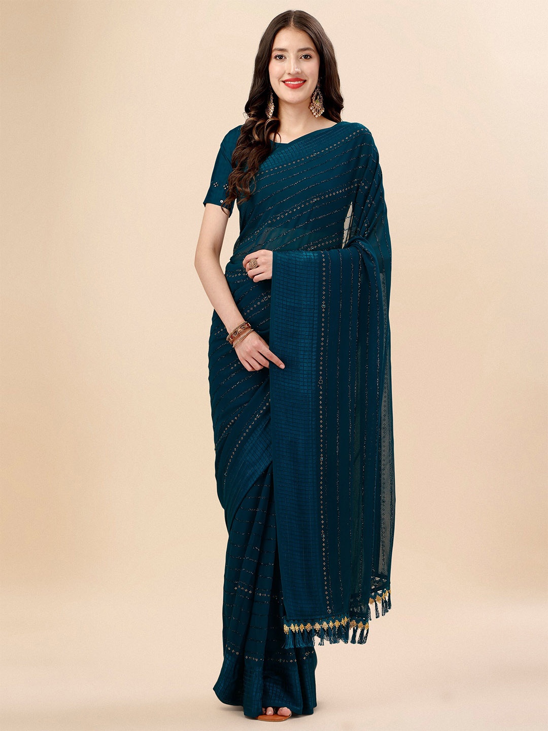 

Mitera Teal & Black Striped Beads & Stone Work Pure Chiffon Saree
