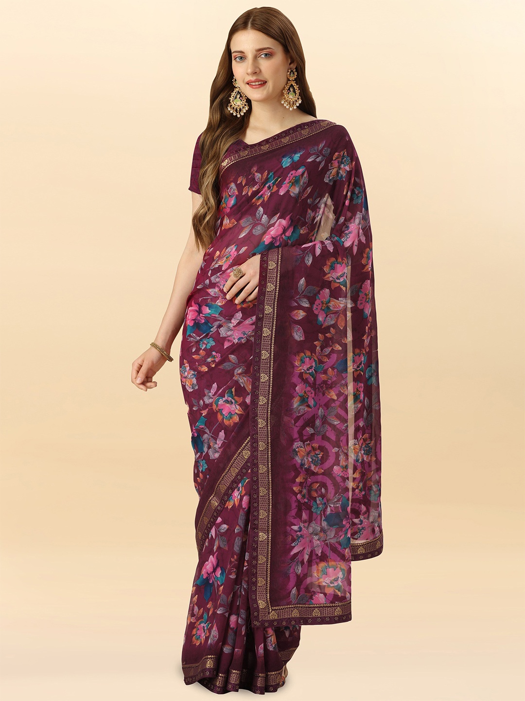

Mitera Purple & Pink Floral Printed Beads And Stone Work Zari Pure Georgette Saree
