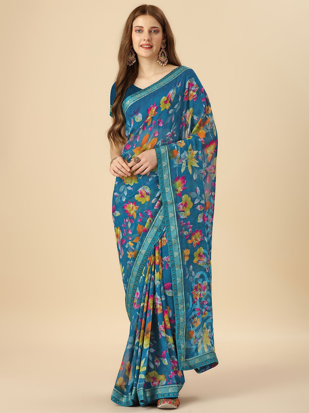 

Mitera Teal & Gold-Toned Floral Printed Beads & Stone Pure Georgette Saree