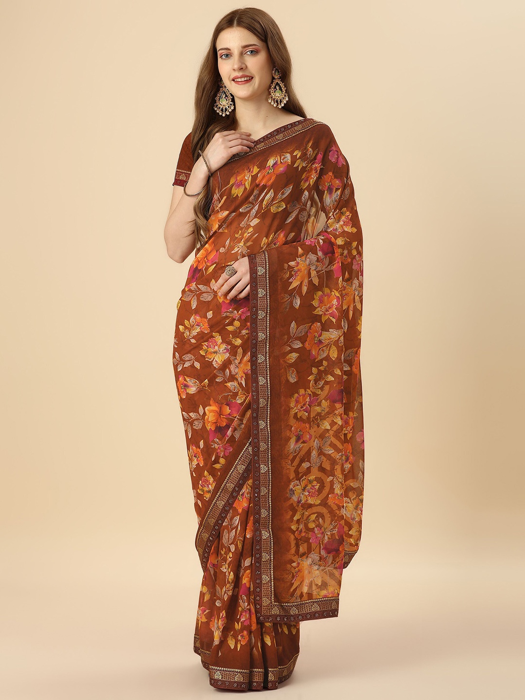 

Mitera Orange & Pink Floral Printed Beads & Stone Zari Pure Georgette Saree