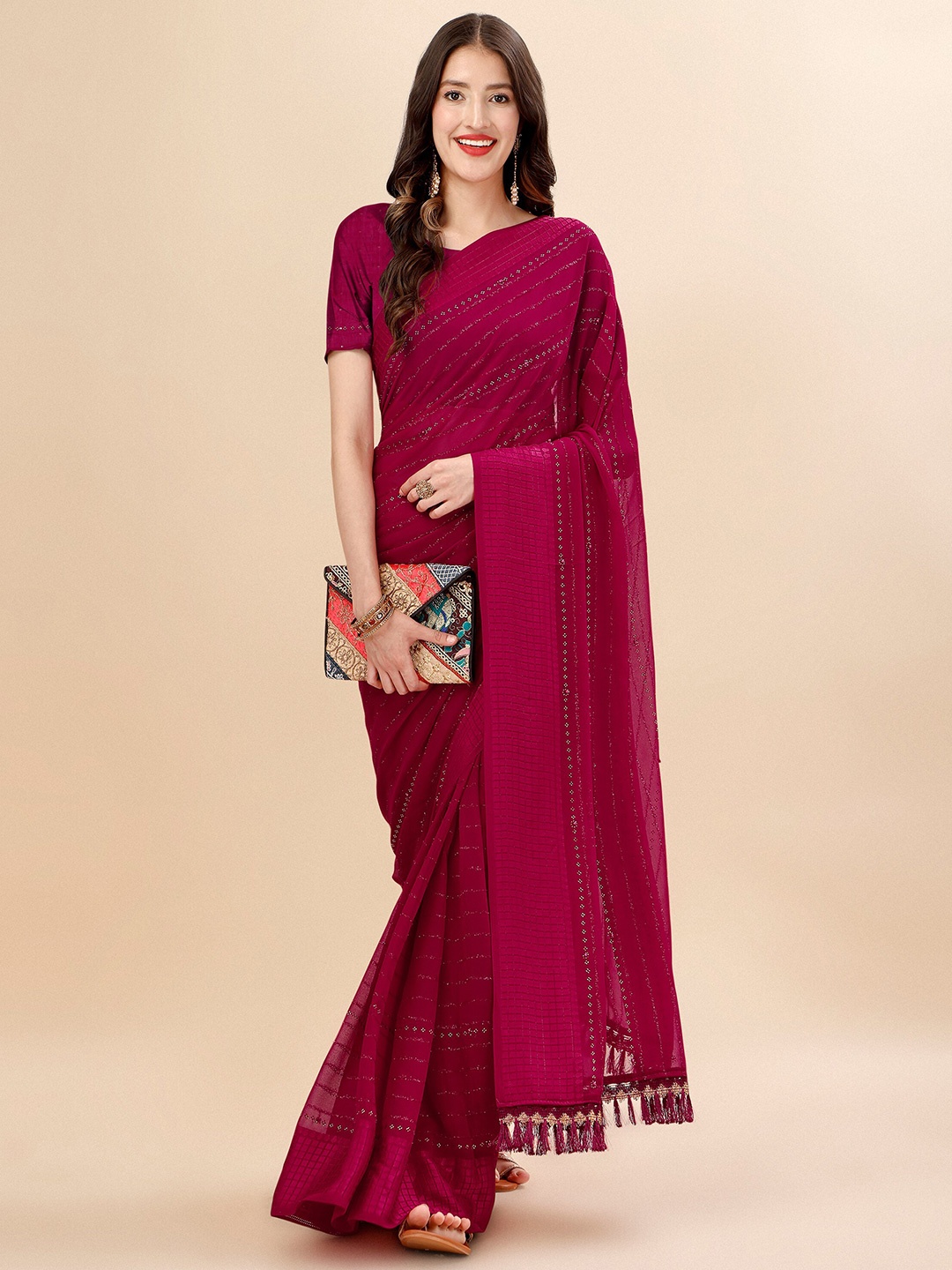 

Mitera Pink Striped Beads and Stones Pure Chiffon Saree