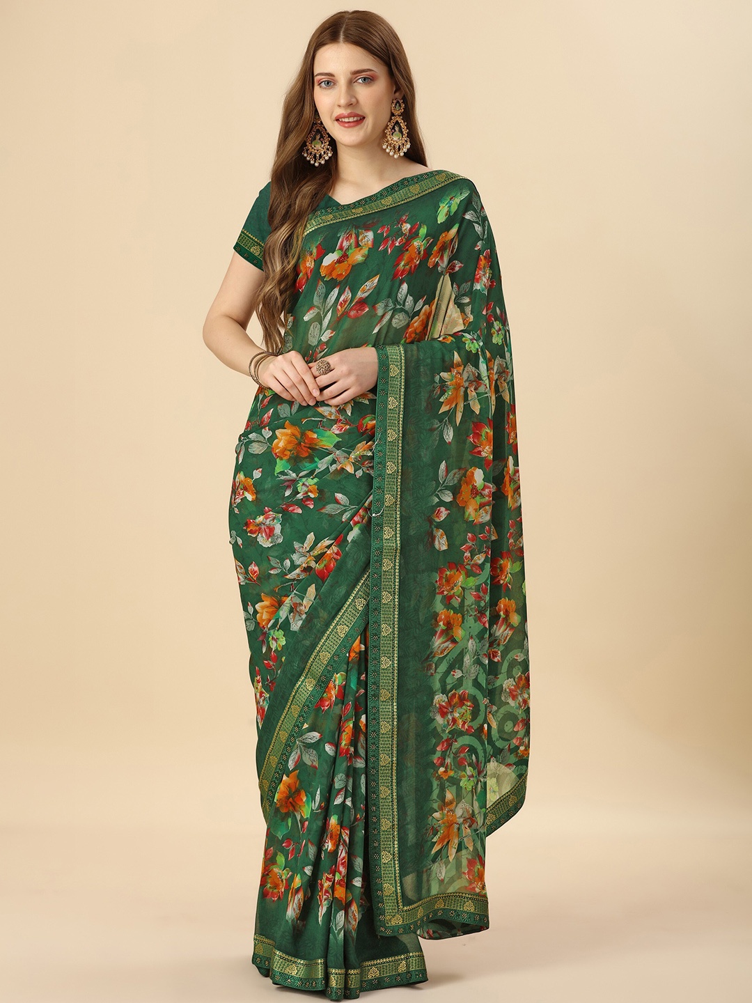 Mitera Green & Bown Floral Printed Embellished Saree