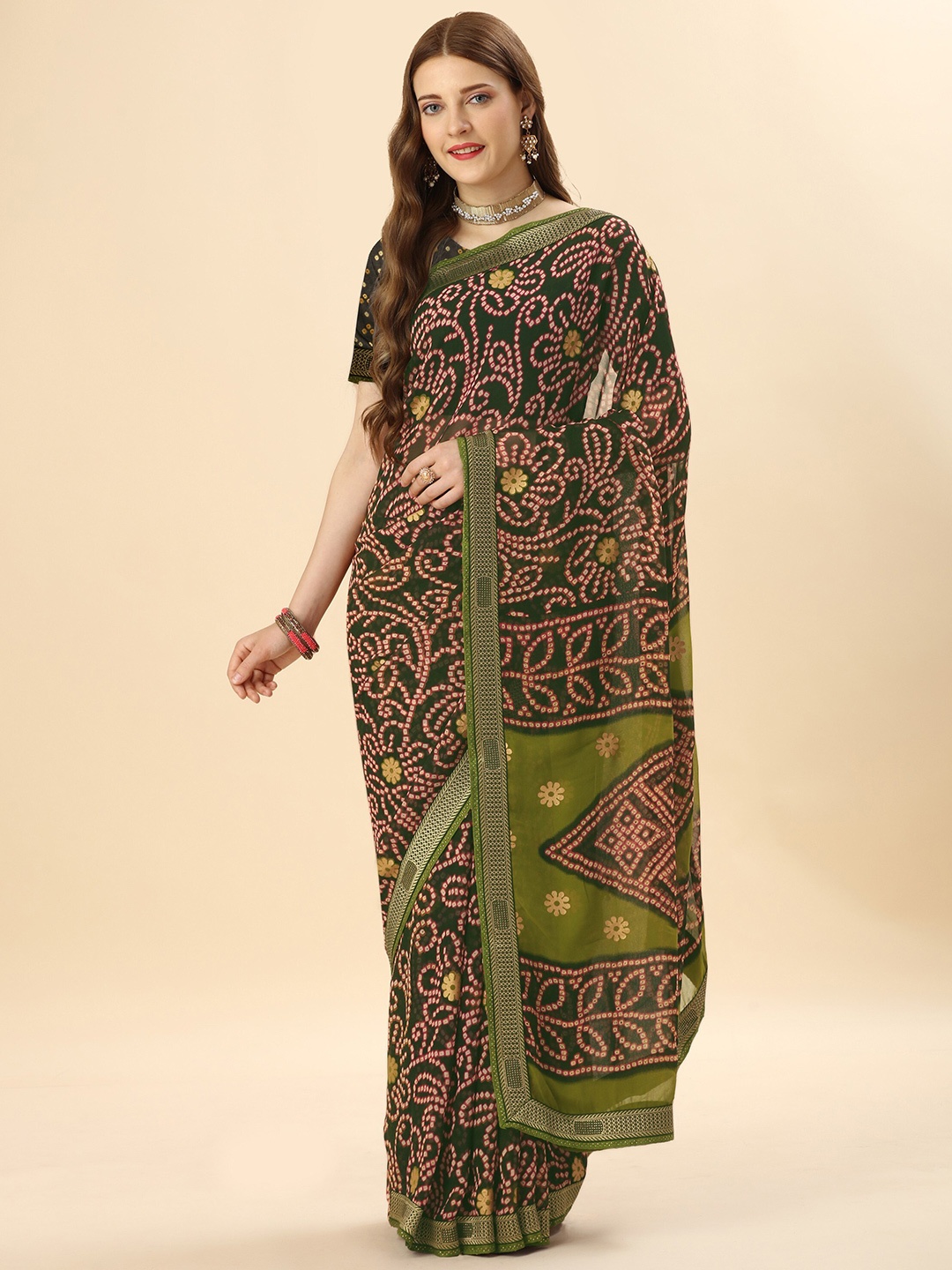 

Mitera Green & Red Bandhani Beads and Stones Pure Georgette Saree