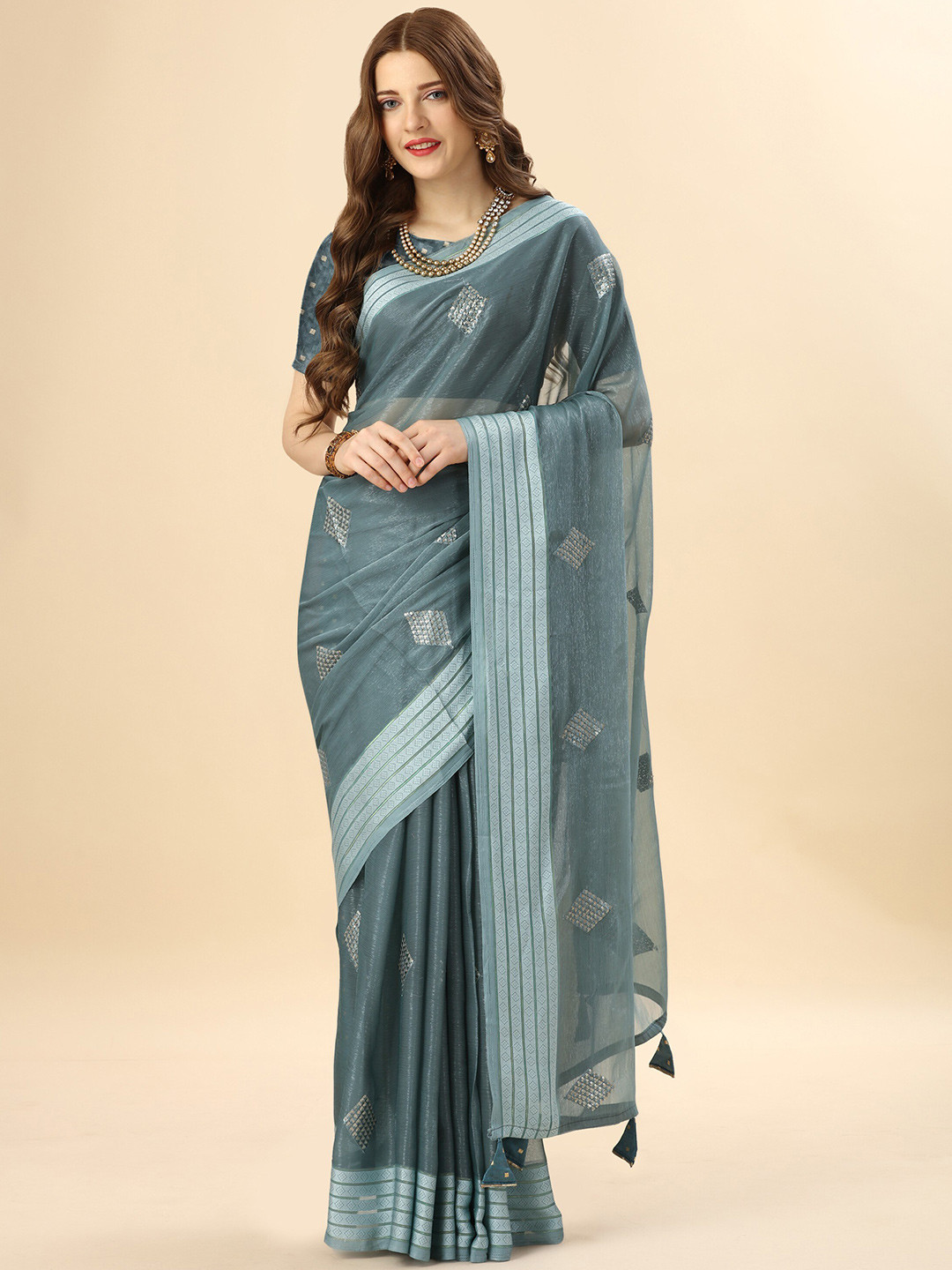 

Mitera Teal & Gold-Toned Sequin Embellished Pure Chiffon Saree