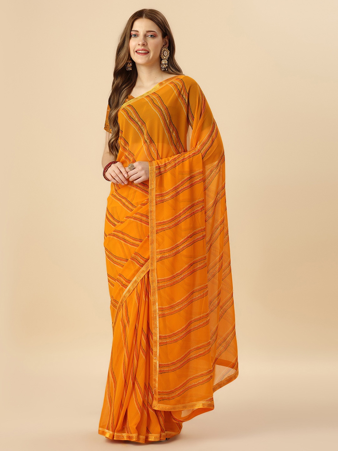 

Mitera Yellow Striped Beads & Stone Work Pure Georgette Saree