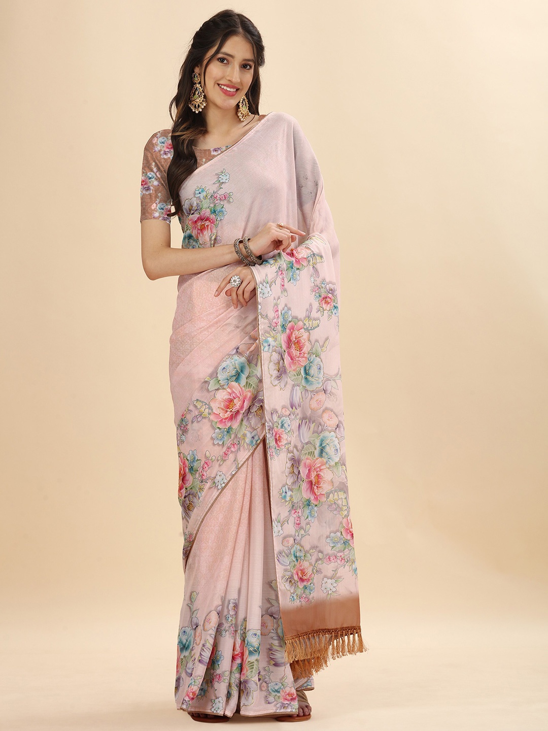 

Mitera Peach-Coloured & Pink Floral Printed Satin Saree