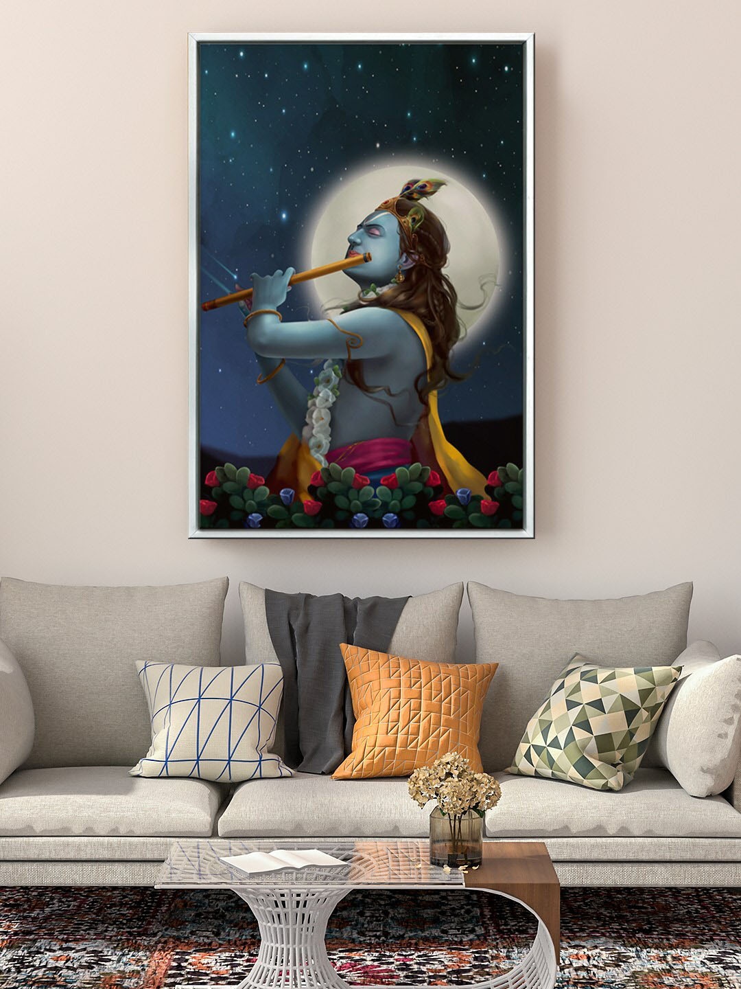 

999Store Blue & White Lord Krishna Playing Flute With Moon Painting Framed Wall Art