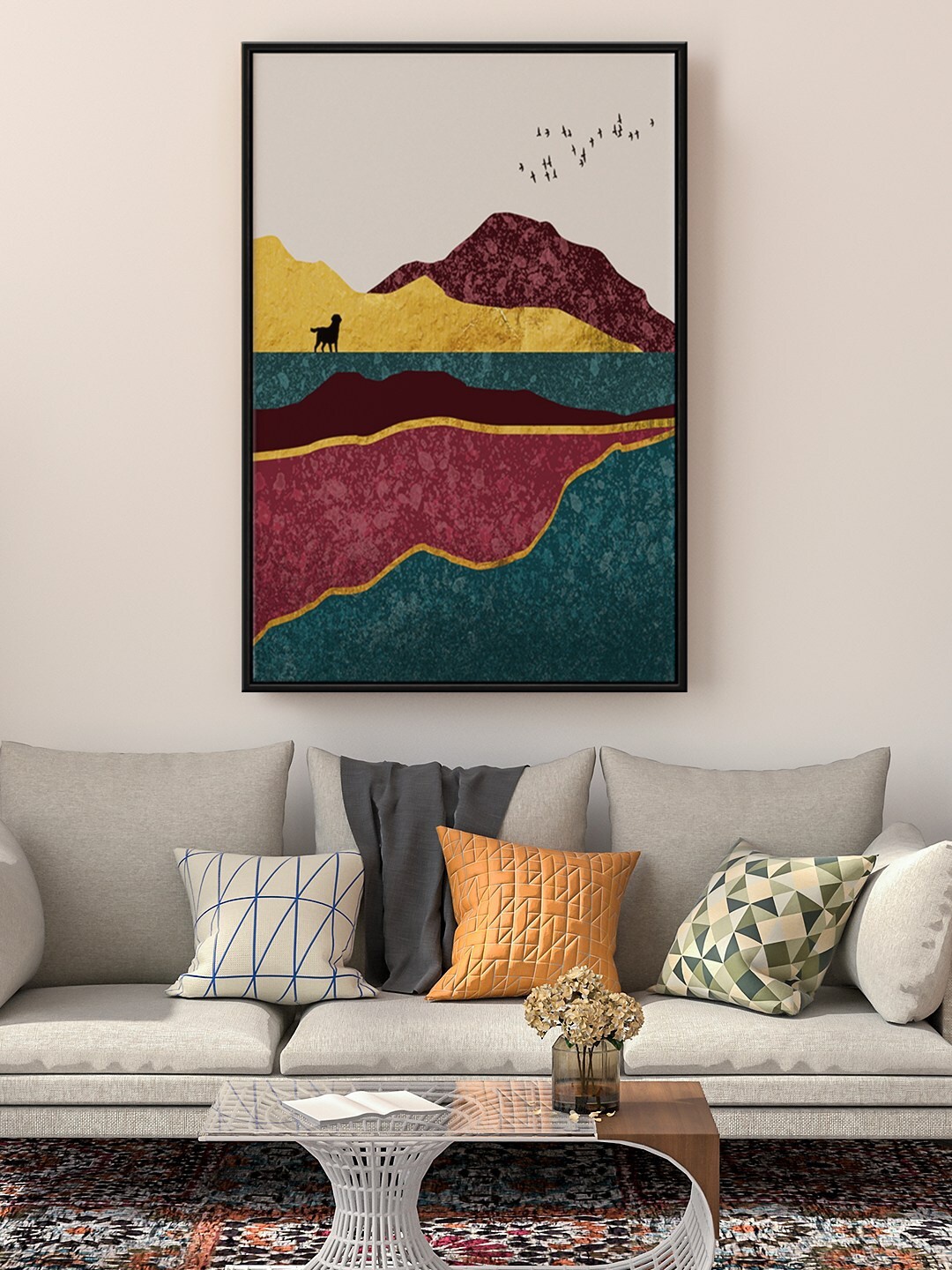 

999Store Grey & Brown Mountain And Birds Painting Wall Art