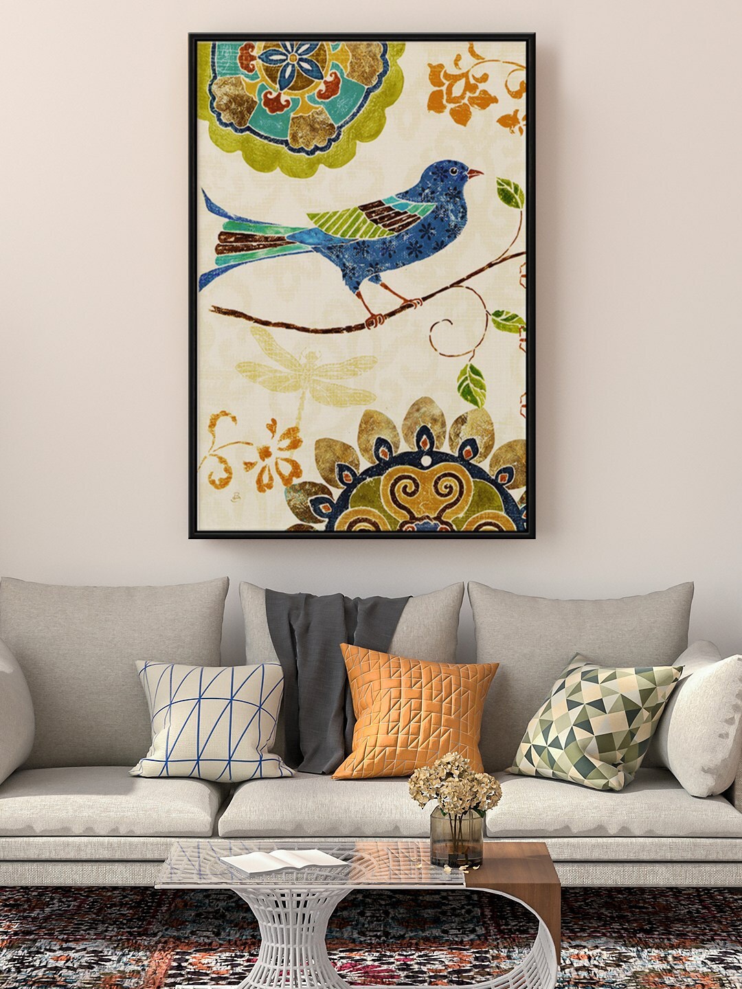 

999Store White & Blue Eastern Tales Blue Birds Painting Wall Art