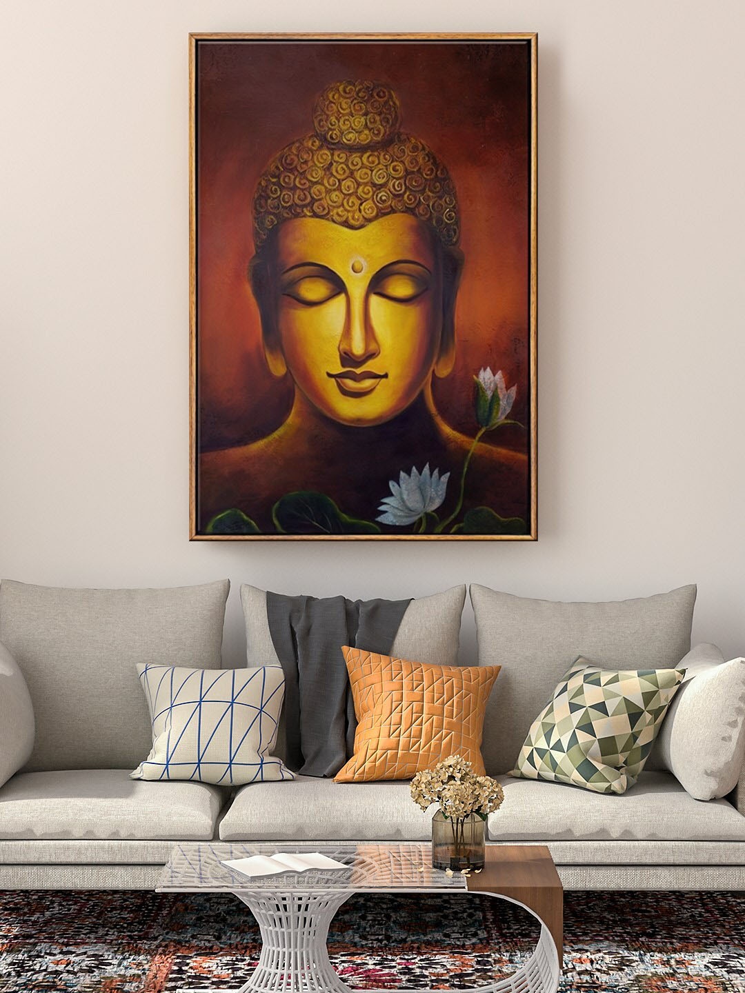 

999Store Brown & Yellow Lord Gautam Buddha With Flower Painting Wall Art