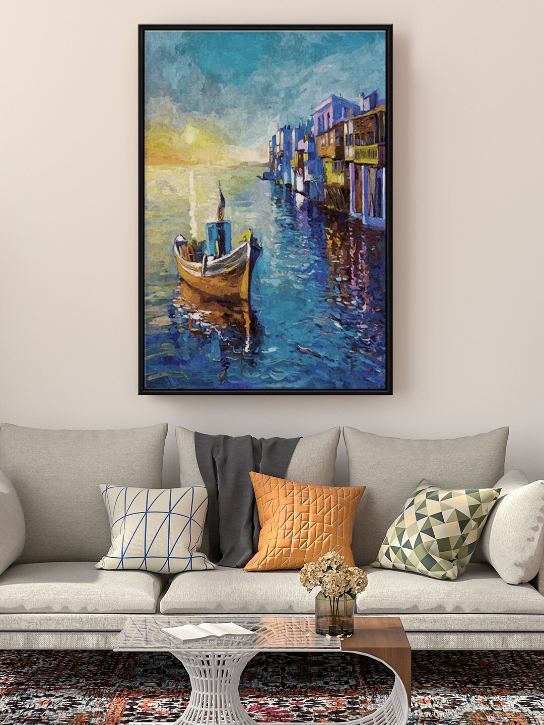 

999Store Blue & Brown Fishing Boat And Sea Painting Wall Art