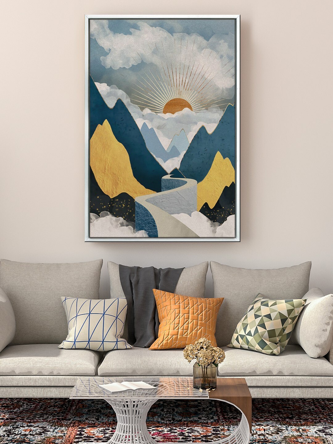 

999Store Blue & White Sun Rise Mountain Painting Framed Wall Art