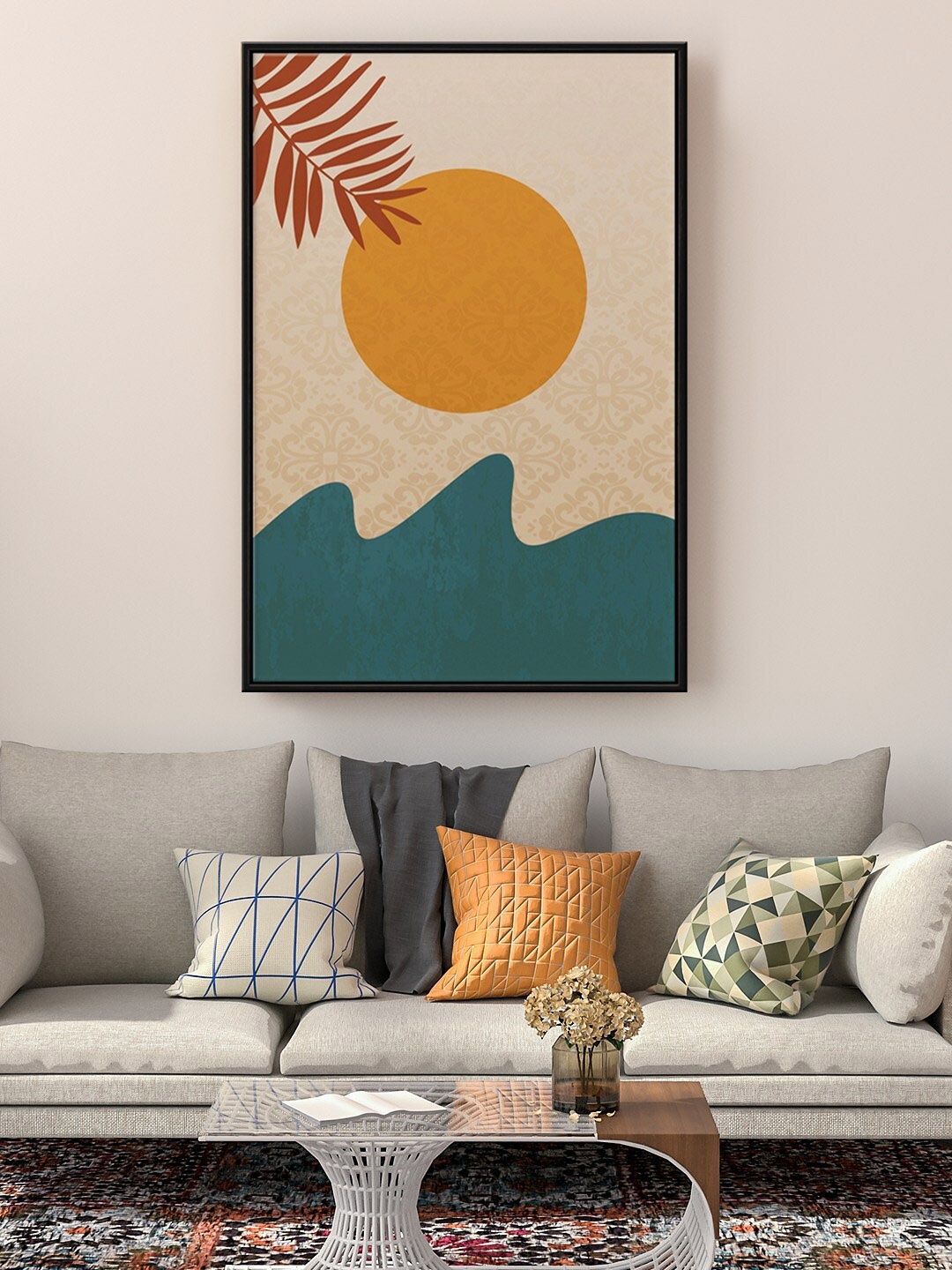 

999Store Floating Beige & Mauve Mountain With Sun Leaves Painting Wall Art