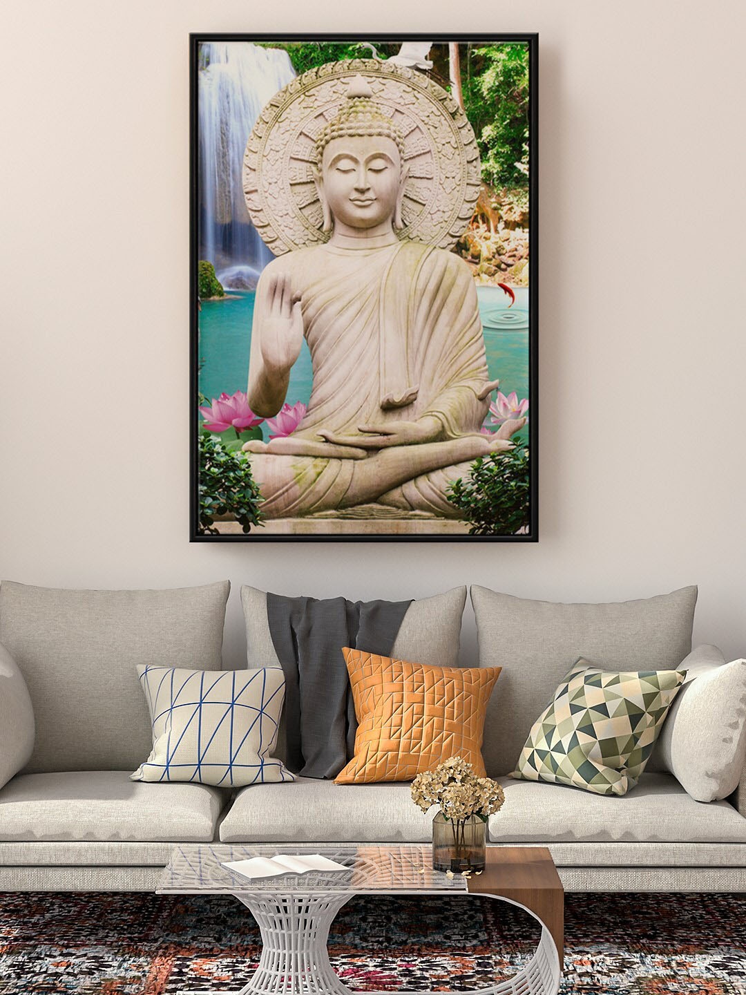 

999Store Floating Blue & Beige Blessing Gautam Buddha Nature Painting Wall Art