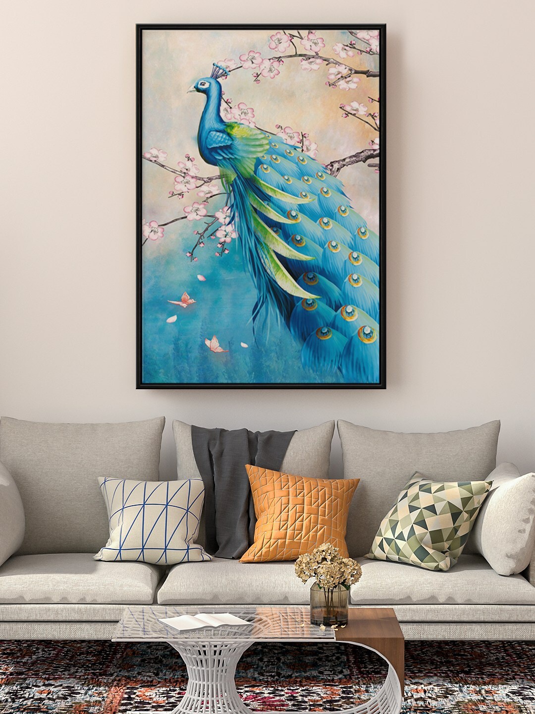 

999Store Floating Grey & Blue Peacock Painting Wall Art