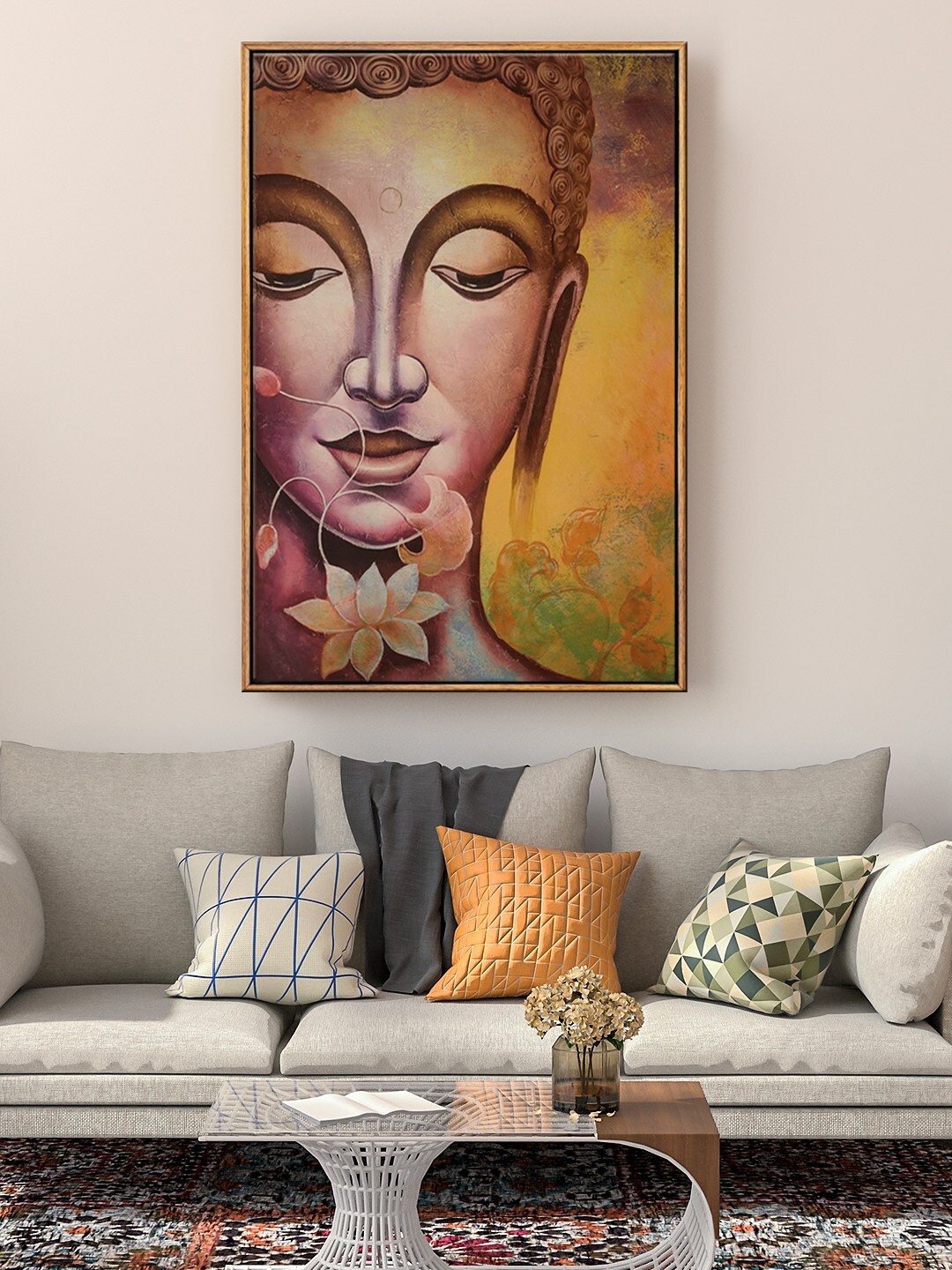 

999Store Floating Brown & Yellow Gautam Buddha Face Paining Wall Art