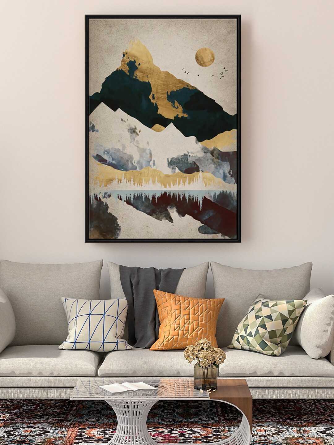 

999Store Floating White & Brown Mountain With Flying Birds Painting Wall Art