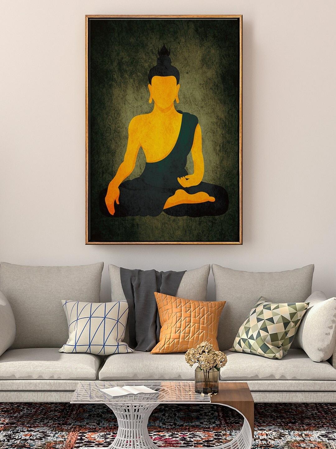 

999Store Floating Frame Black & Yellow Gautam Buddha Painting Wall Art