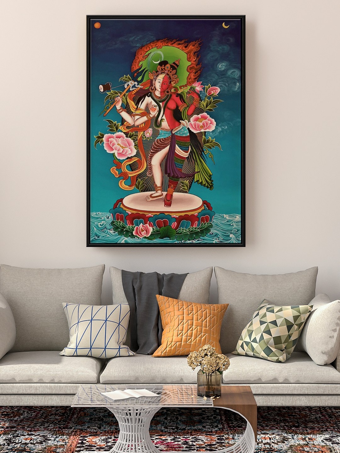 

999Store Floating Frame Blue & Pink Lord Shiva And Parvati Painting Wall Art