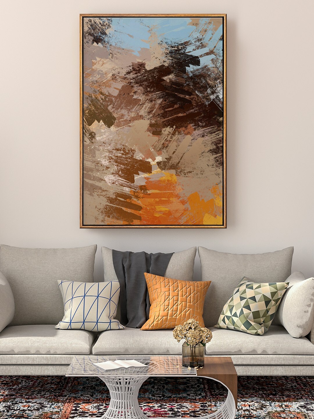 

999Store Floating Frame Orange & Beige Abstract Printed Framed Wall Painting