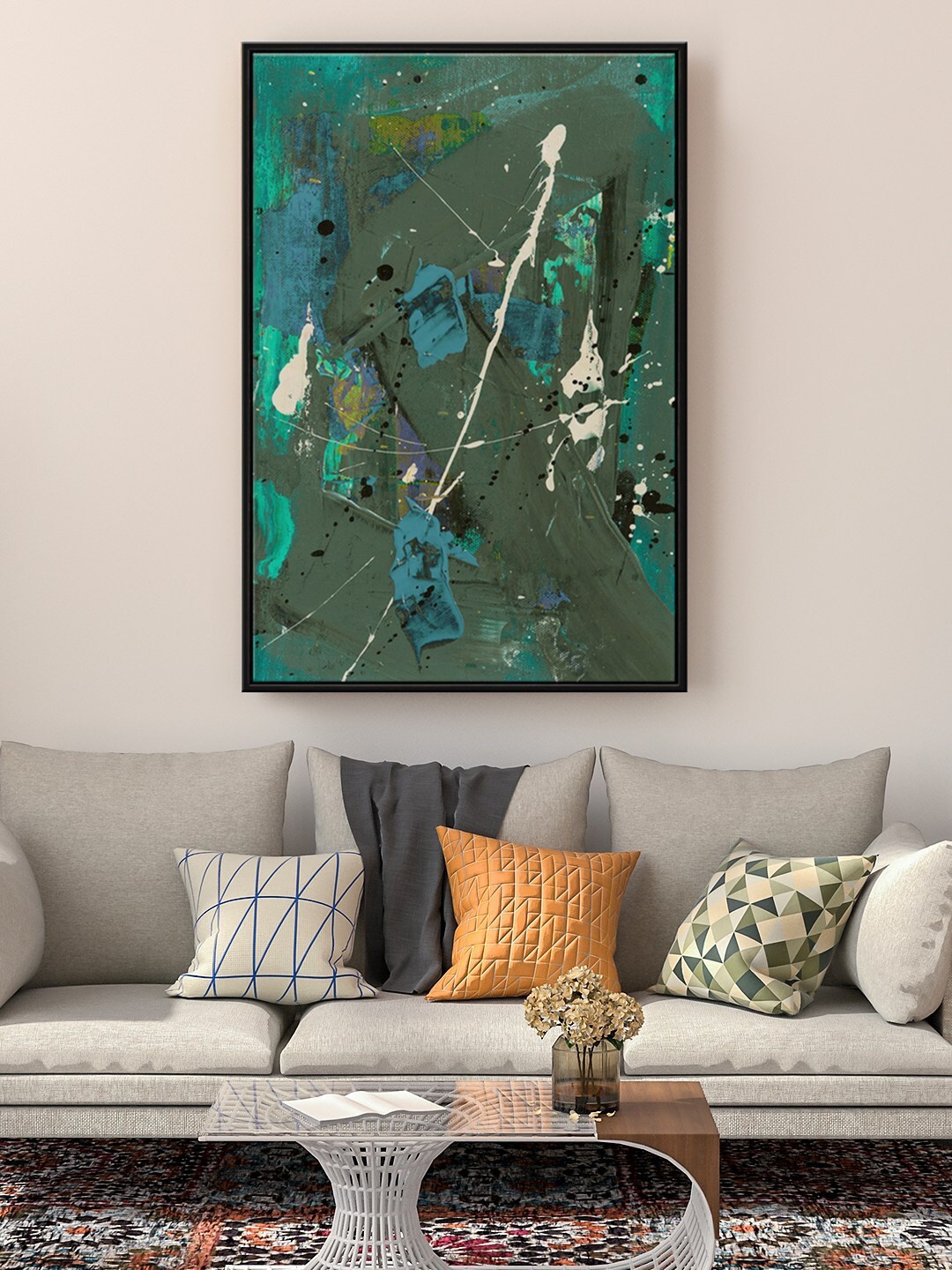 

999Store Floating Frame Blue & Green Abstract Printed Wall Art
